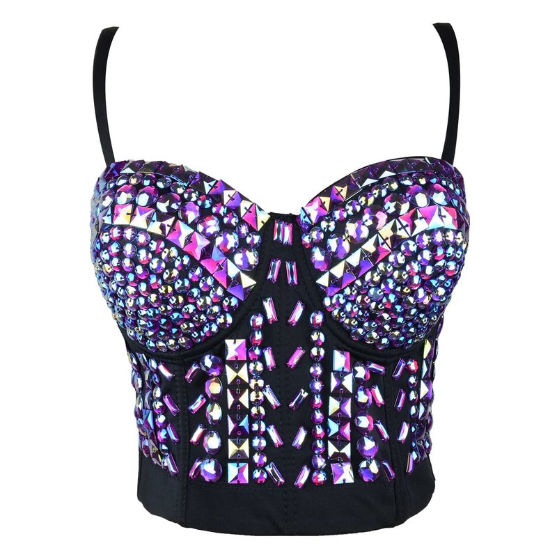 ELLACCI Women's Sexy Rhinestone Bustier Crop Top Club Party Glitter Corset Top Bra Purple Large - Image 2